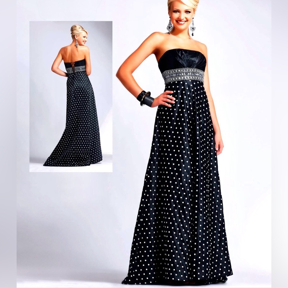 Jeweled Strapless Lace-Up Back Black and White Polka Dot Maxi Dress Size Small - Picture 1 of 16
